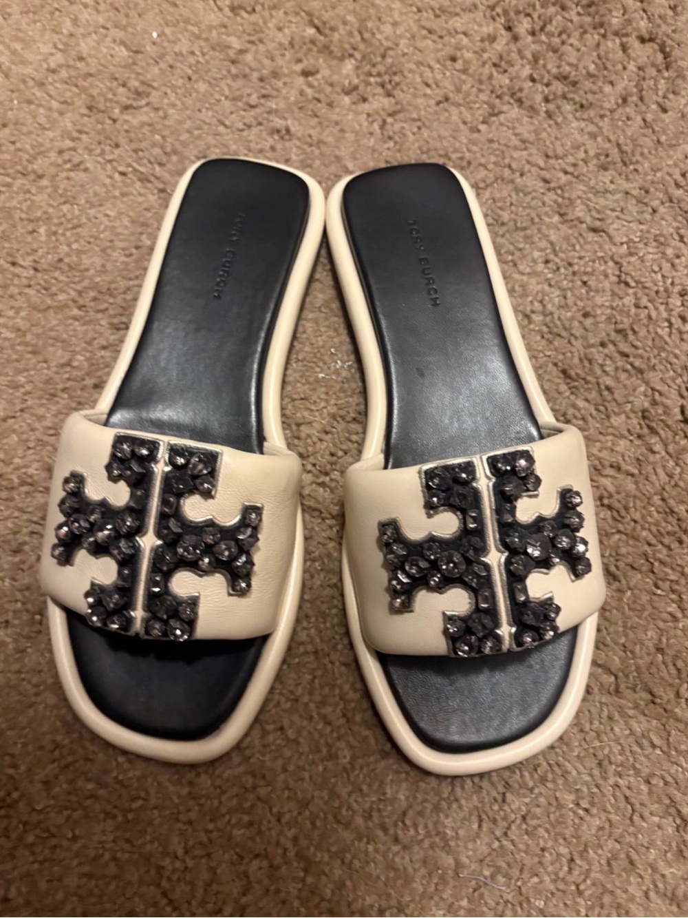 Tory Burch Cream Leather Slide Mules with Black Crystal Logo